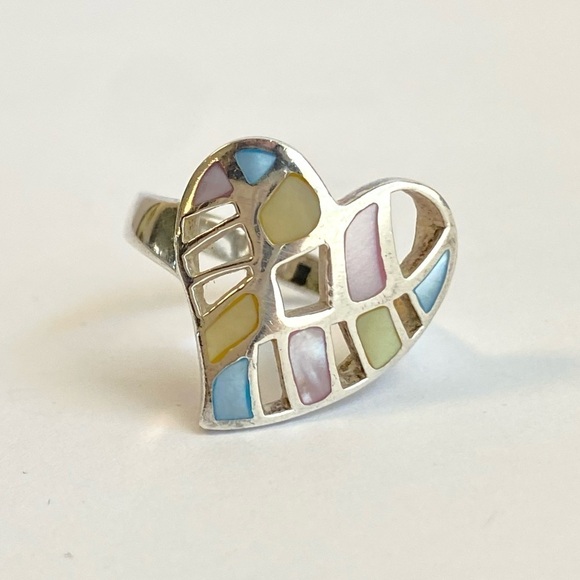 Vintage Sterling Silver Heart Ring Mother Of Pearl Cutout Pink Blue Y2K Size 9 - Picture 3 of 12